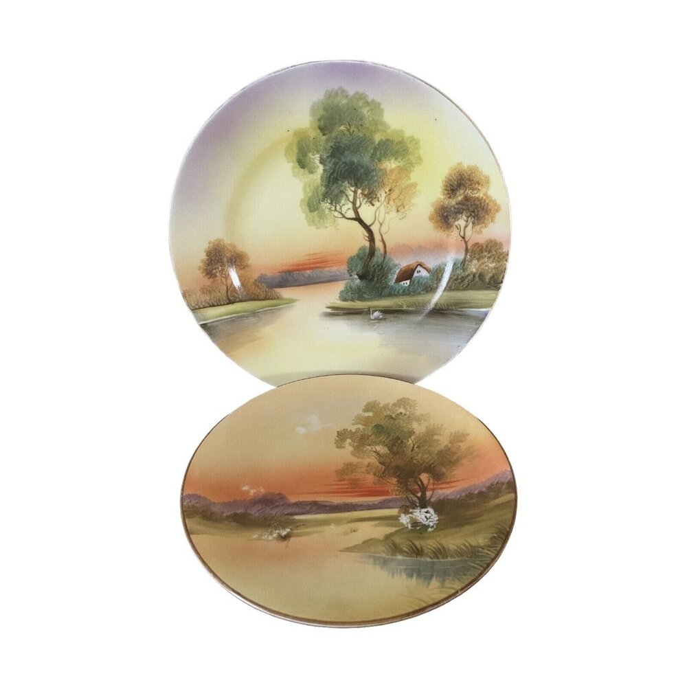 Set of 2 Handpainted Nippon River Landscape w/ Swan & House Plates 7.5” & 6.25”